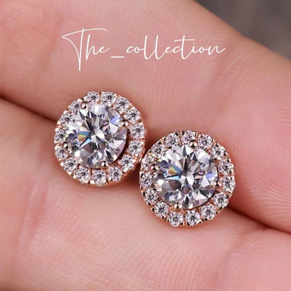 HALO ROSE GOLD PLATED ROUND CUT STUD EARRINGS